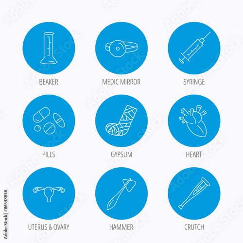 Syringe, beaker and pills icons. Medical signs.