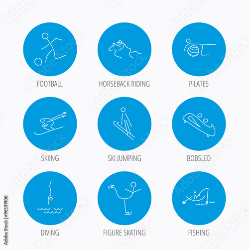 Pilates, football and skiing icons. Fishing.