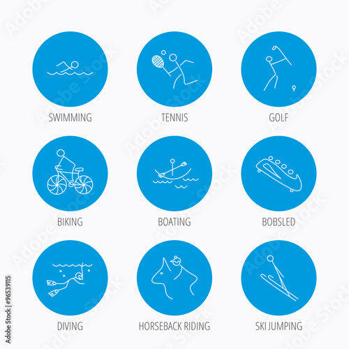 Swimming, tennis and golf icons. Biking, diving.