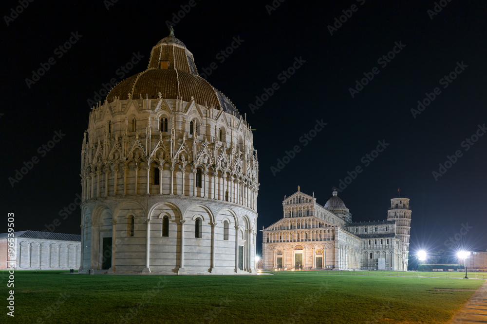Baptistry, cathedral and leaning tower of Pisa at night