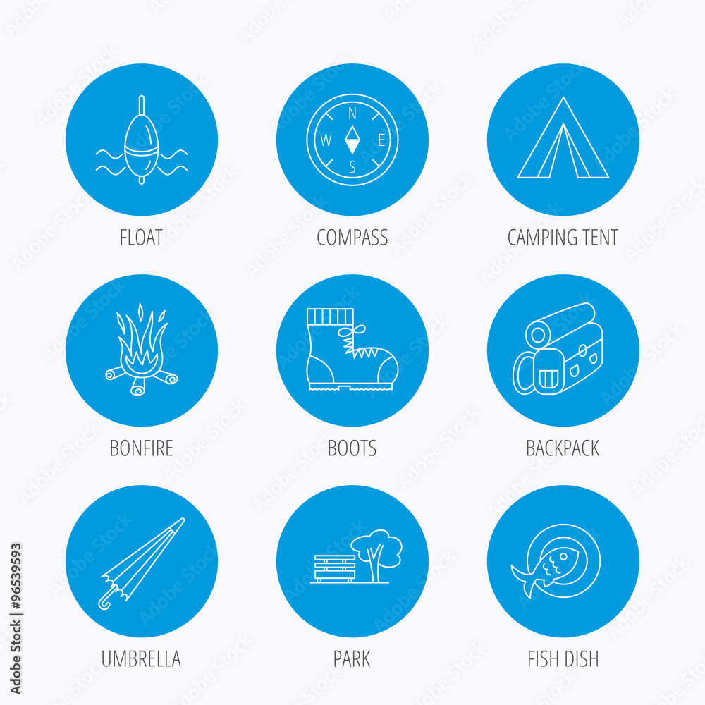 Park, fishing float and hiking boots icons.