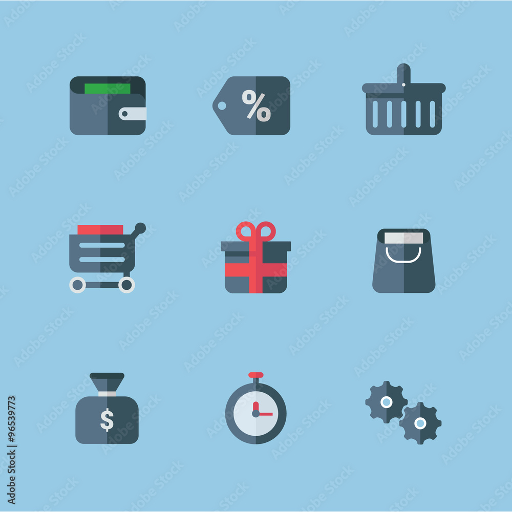 Set of Flat Style Vector Shopping Icons. Gray and Red Colors. Gift, Money, Gears, Discount, Time, Wallet, Basket Set of Flat Style Vector Shopping Icons. Gray and Red Colors. Gift, Money, Gears, Discount, Time, Wallet, Basket