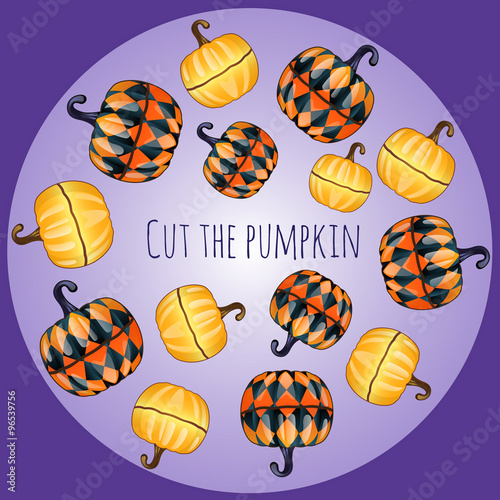 Set of unusual pumpkins, decor on purple background