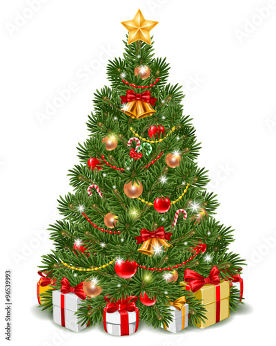 Fluffy Christmas tree decorated by christmas balls, jingle bells and candy cane. Gift boxes are under the fir-tree. Isolated on white background. Vector illustration.