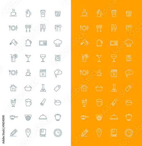 Food and Restaurant Line Art Design Vector Icon Set. Food, Beverages, Cooking, Kitchenware, Cutlery