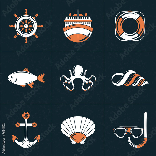 Set of Vector Design Elements for Logotypes. Vintage Styled Design Hipster Nautical Elements. Ship, Lifebuoy, Anchor, Octopus, Helm, Shell, Fish