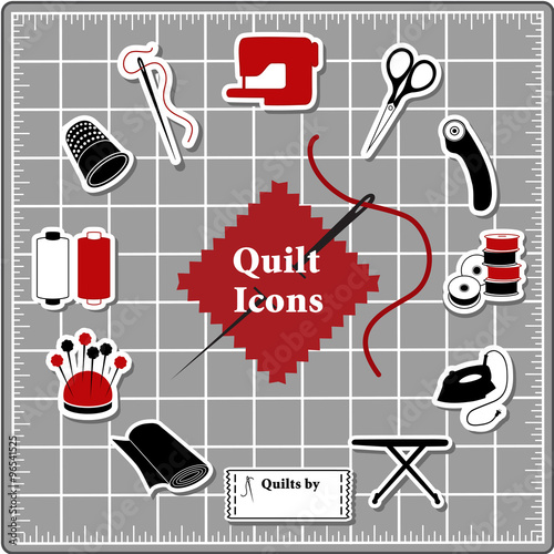 Quilting Stickers for DIY sewing: pins, pincushion, needle, thread, iron, ironing board, scissors, bobbins, cloth, sewing machine, rotary cutter, thimble, label on self healing cutting mat.