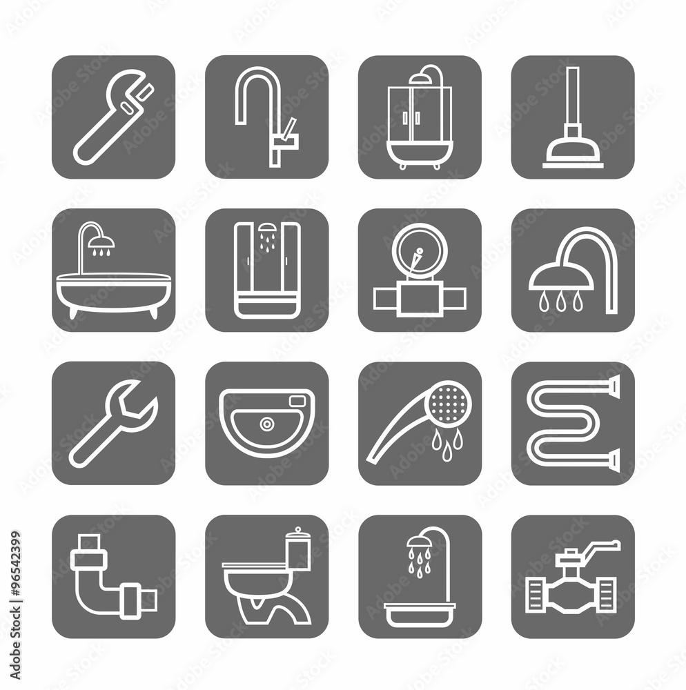 Plumbing, badges, linear, grey background. Plumbing, badges, linear, grey background.