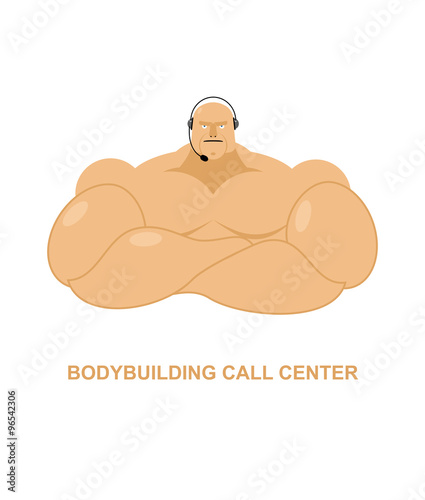 Bodybuilding call Center. Athlete with  headset Man with big mus