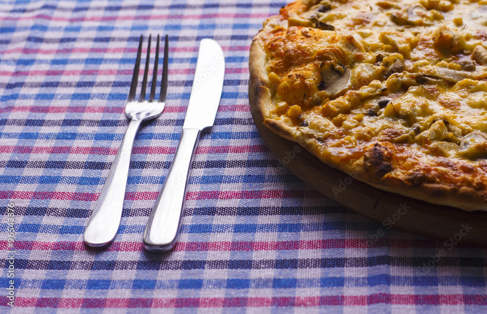 Pizza with meat and sweet corn Pizza with meat and sweet corn