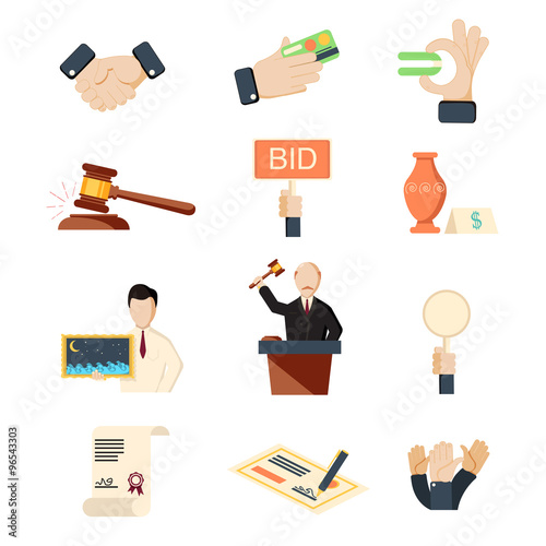 Auction vector icons set with hammer hands and money isolated
