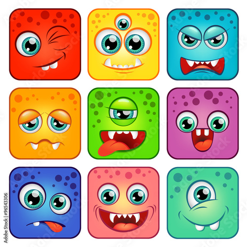 Monsters. Square cartoon faces with emotions