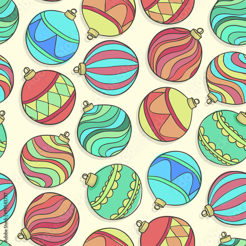 Beautiful seamless background with scattered Christmas decorations and balls.