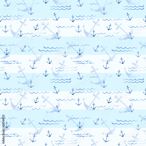 Seamless pattern. Anchor and blue lines. Watercolor illustration. 