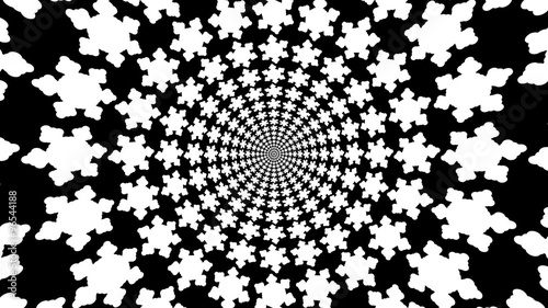 Concentric, dashing, rotating, abstract symbols, snowflakes - optical, visual illusion. set of snowflakes, departing from the center
