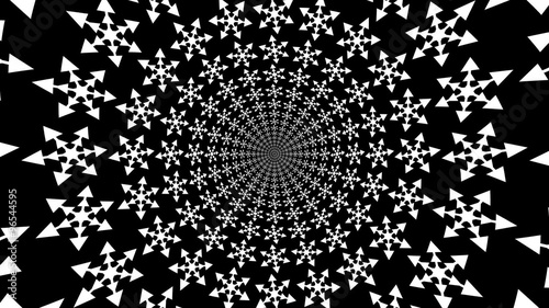 Concentric, dashing, rotating, abstract symbols, snowflakes - optical, visual illusion. set of snowflakes, departing from the center