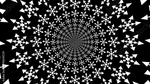 Concentric, dashing, rotating, abstract symbols, snowflakes - optical, visual illusion. set of snowflakes, departing from the center