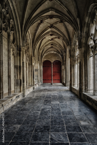 Closed doors in the corridor of the temple.