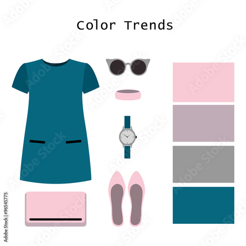 Set of  trendy women's clothes. Outfit of woman dress and accessories. Color trends palette. Vector illustration
