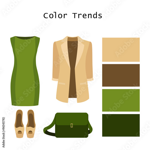 Set of  trendy women's clothes. Outfit of woman jacket, dress and accessories. Color trends palette. Vector illustration