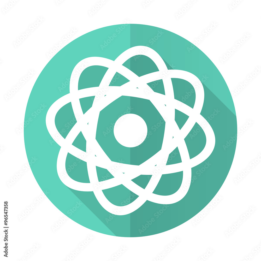 atom blue flat desgn circle icon with long shadow on white background atom blue flat desgn circle icon with long shadow on white background