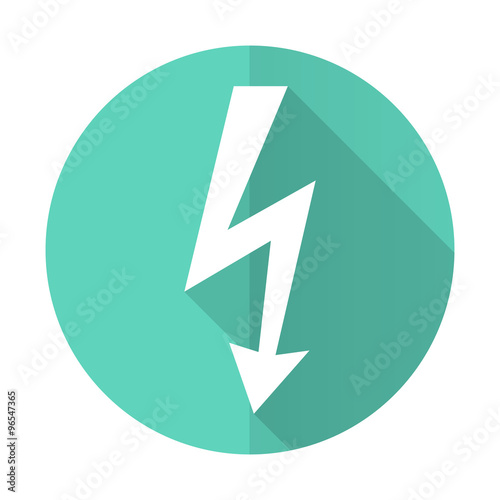 bolt blue flat desgn circle icon with long shadow on white background