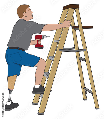 Left leg amputee preparing to climb stepladder and make a repair with drill