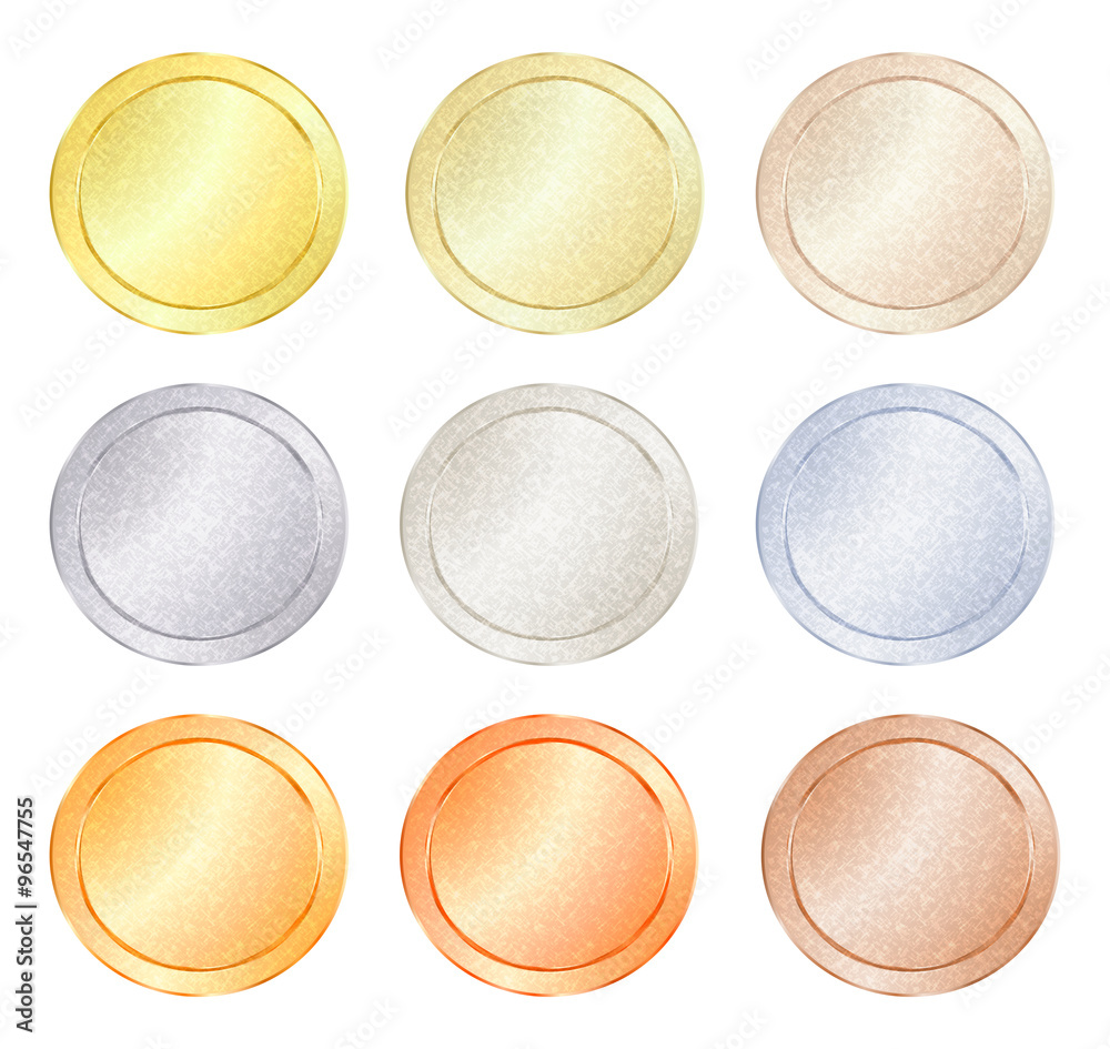 set of blank vector templates for coin, price tags, buttons, sewing,  buttons, badges or medals with gold in different types: white, red, pink,  silver, platinum shiny metal texture Stock-Vektorgrafik | Adobe Stock