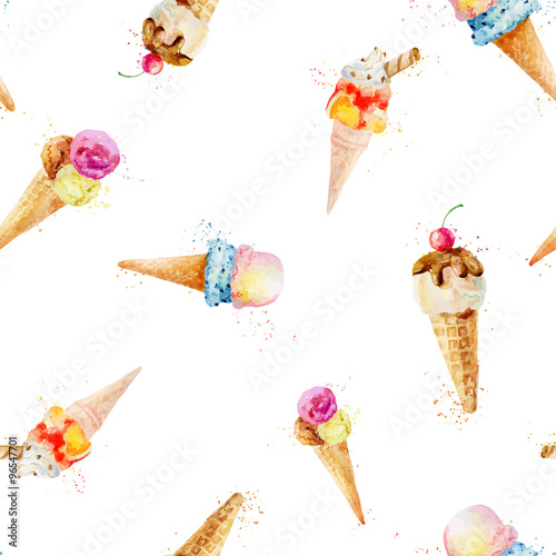 Seamless pattern with ice cream cones isolated on white backgrou