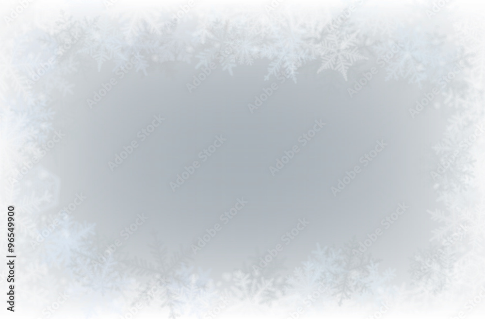 Border of various snowflakes on light grey background.