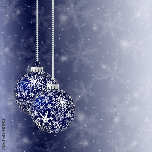 Christmas card with two blue balls and snowflakes on light background.