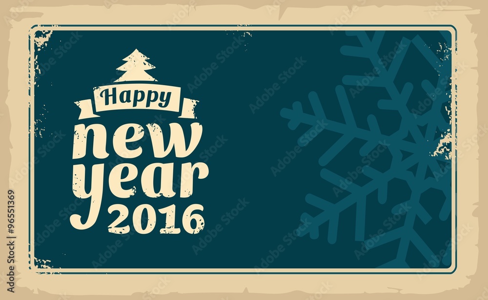 Naklejka premium Christmas and Happy New Year 2016. Vector vintage illustration for greeting card, poster, flayer, web, banner. Old paper texture dark background.