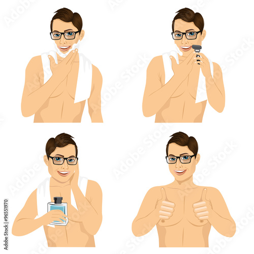 four steps of man shaving his face