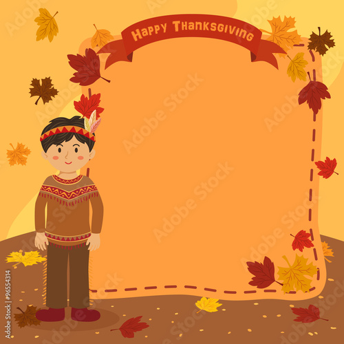 Illustration of thanksgiving greeting card banner notes with a native american inidian boy in autumn background. photo