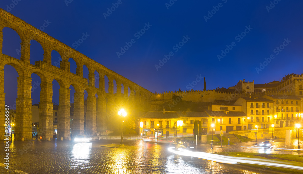Night view of Segovia with Roman Aqueduct