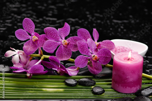 Branch orchid with long leaf and stones  salt in bowl on wet background