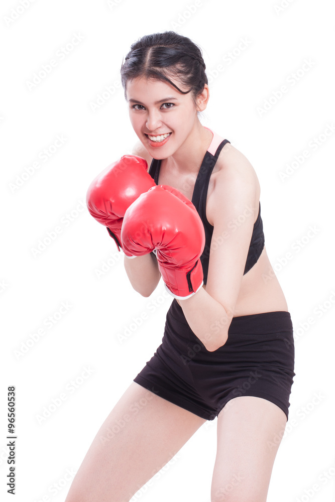 Fitness woman with the red boxing gloves