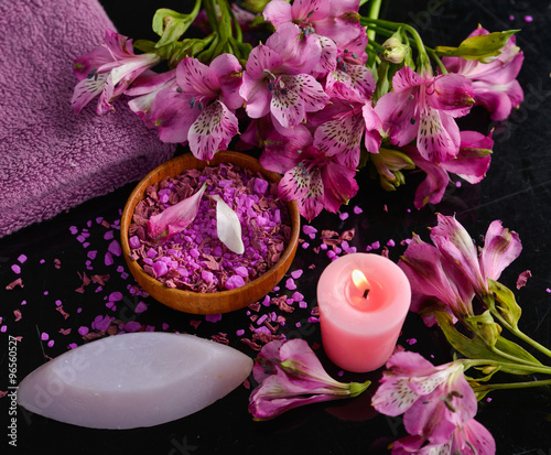 Spa set and orchid  candle  salt with spoon in bowl  towel  bowl