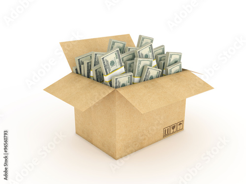 cardboard box with dollars Fototapeta