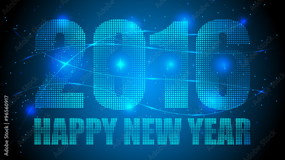 Dotted Happy New Year 2016 with Blue Abstract Dotted Background. Blue Lights, Lights Effect Background. Vector Illustration.