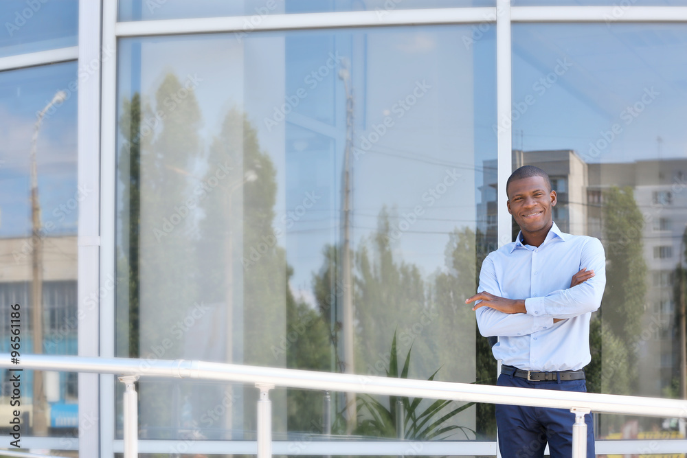 Handsome African American businessman near business centre Handsome African American businessman near business centre