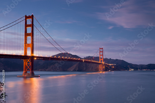 Golden Gate Bridge at Dusk in San Francisco, California, USA. Taken from Battery E Trail near the Golden Gate Bridge Welcome Center.