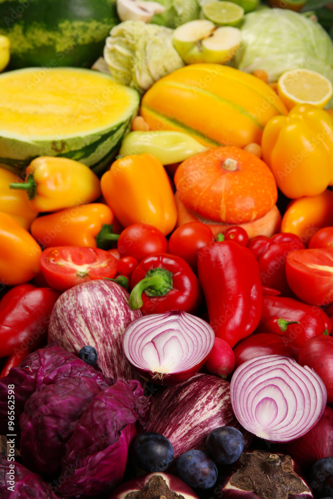 Bright close-up background of fruit and vegetables