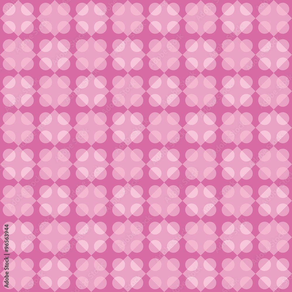 Geometric fun pattern with dark and light pink and violet circular and rhomboid shapes   