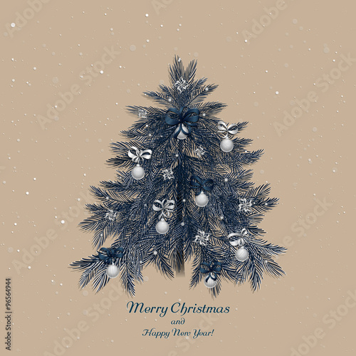 Christmas tree with decorations: balls, ribbons, stars and abstract elements. Christmas pine twigs and spruce branches. Vector, EPS 10.