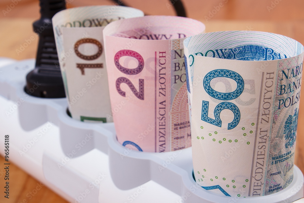 Rolls of polish currency money in electrical power strip with connected plug, energy costs Rolls of polish currency money in electrical power strip with connected plug, energy costs
