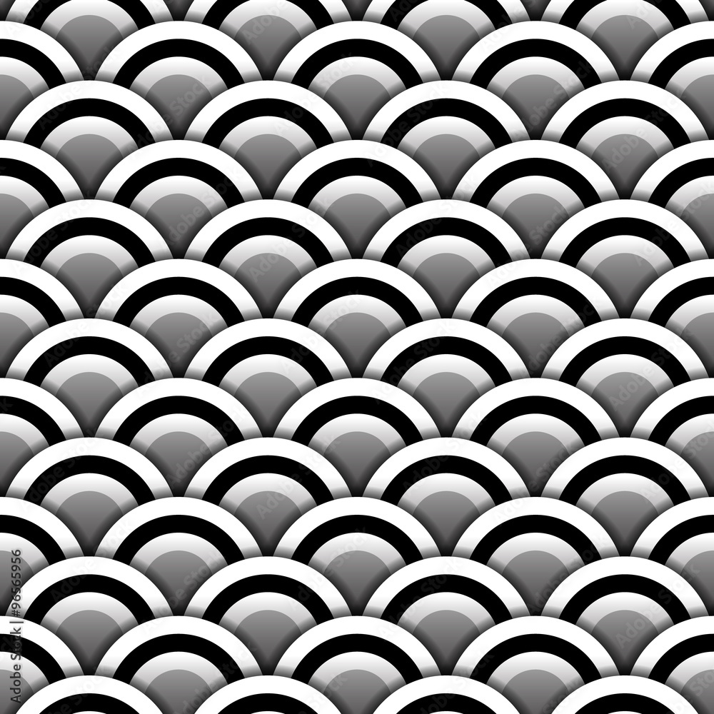 Paper circles with shadow in black and white seamless pattern, vector