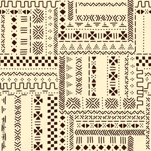 Beige and brown traditional ethnic african mudcloth fabric seamless pattern, vector