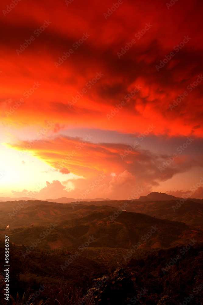 Beautiful sunset with twilight at scenic point at Doi Chang Moob