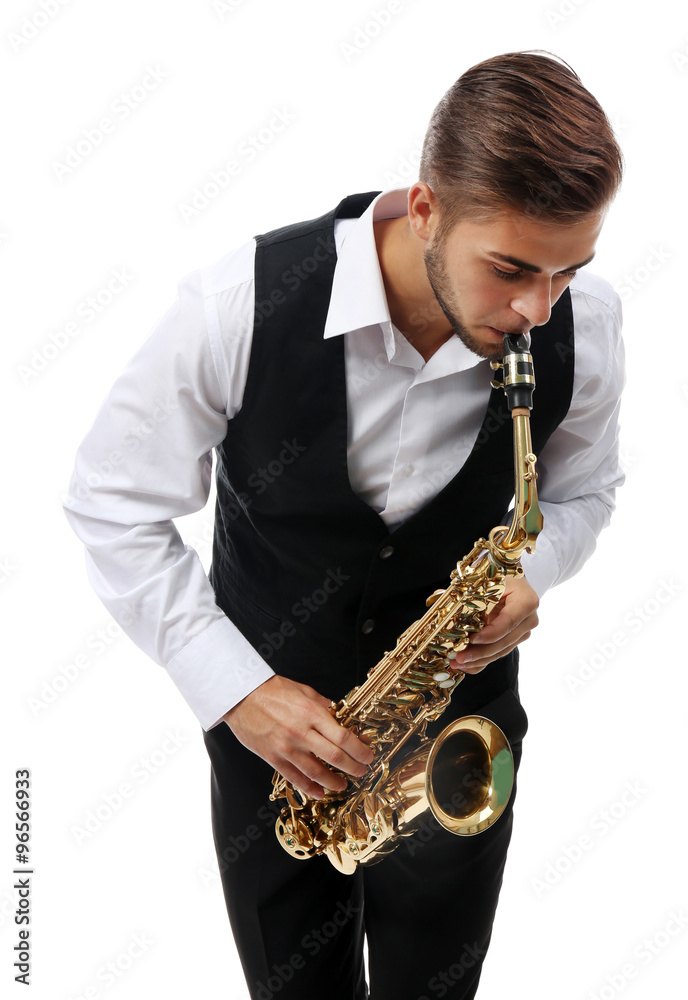 Naklejka premium Happy saxophonist plays music on sax in elegant suit on white background